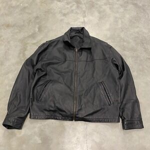 Mens Black Leather Bomber Jacket Full Zip Collared Moto Coat Large XL